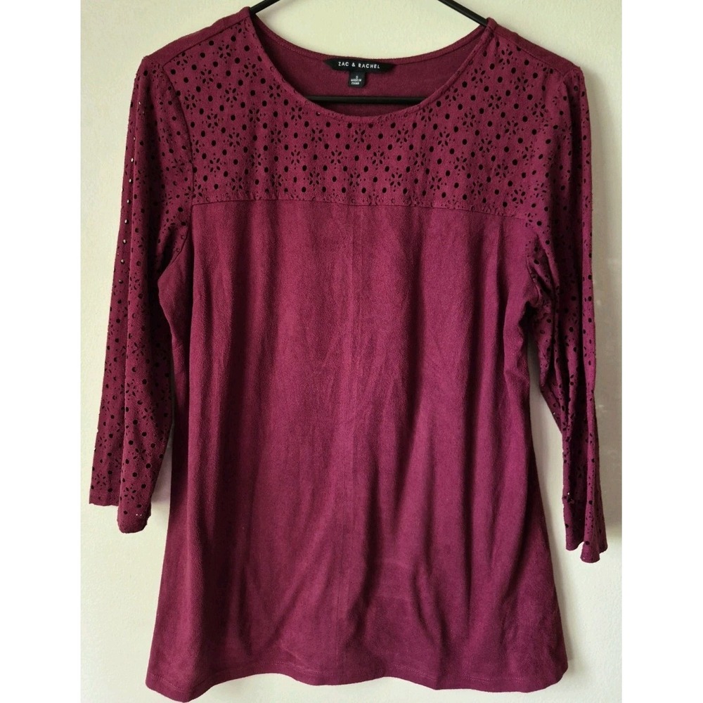 Zac & Rachel Women's Maroon Floral Eyelet Yoke 3/4 Sleeves Round Neck Size S